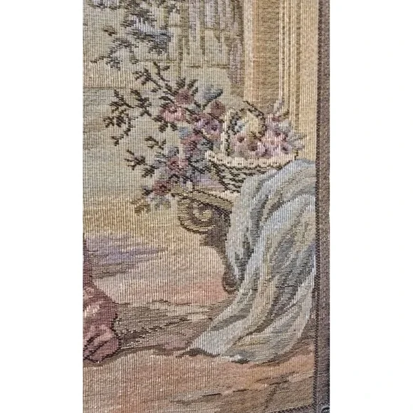 VTG Tapestry WallRomantic Scene Dogs Tassels Cottagecore Ready 2 Hang SZ 20x20